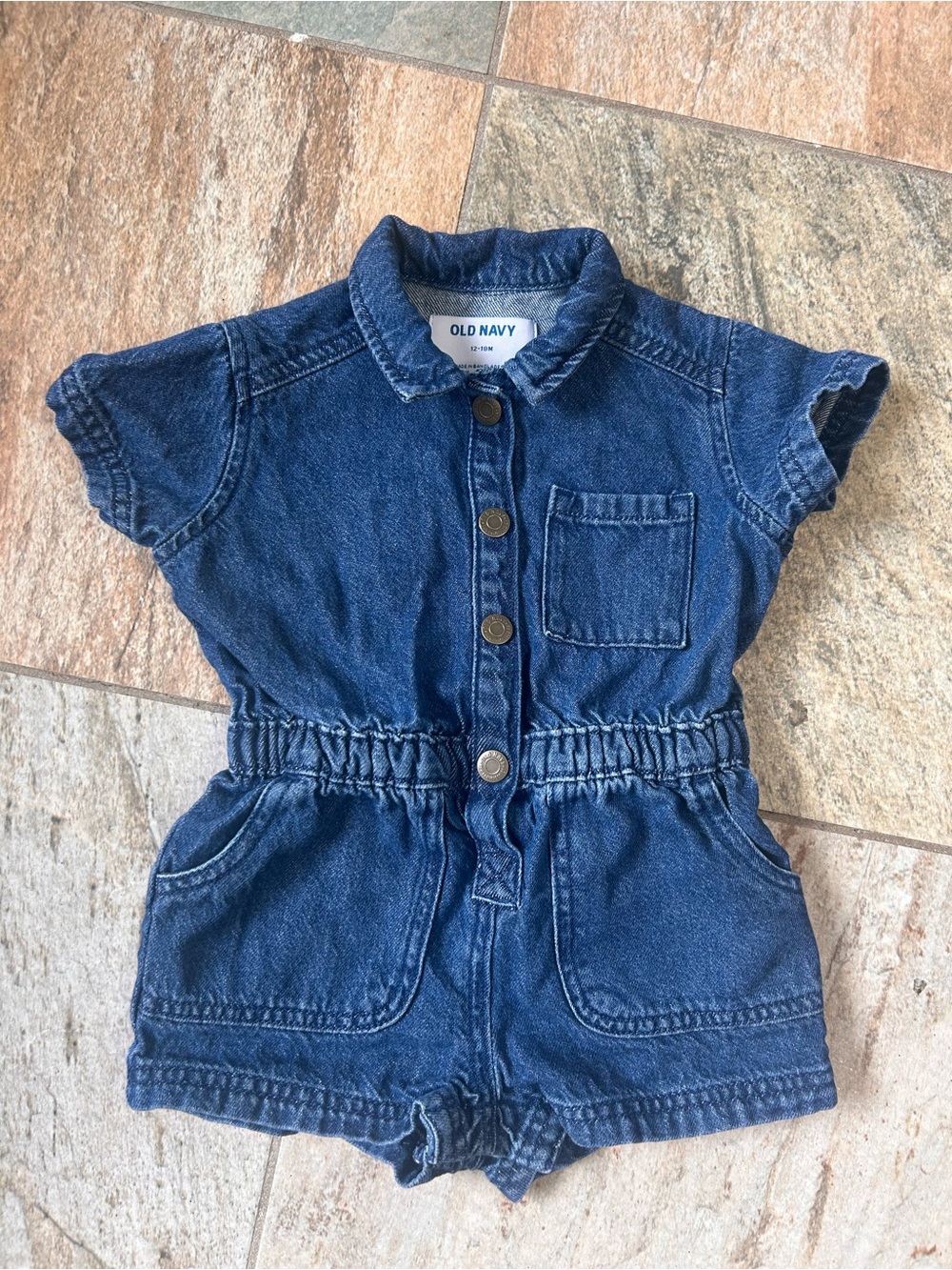 Old Navy Dark Blue Denim Short-Sleeve Romper 12-18M
